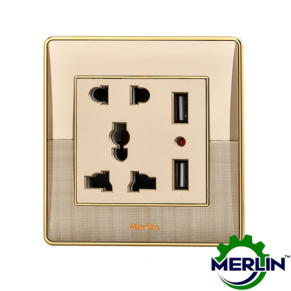 5 Pin Multi Socket with Dual USB | Elegant Gold